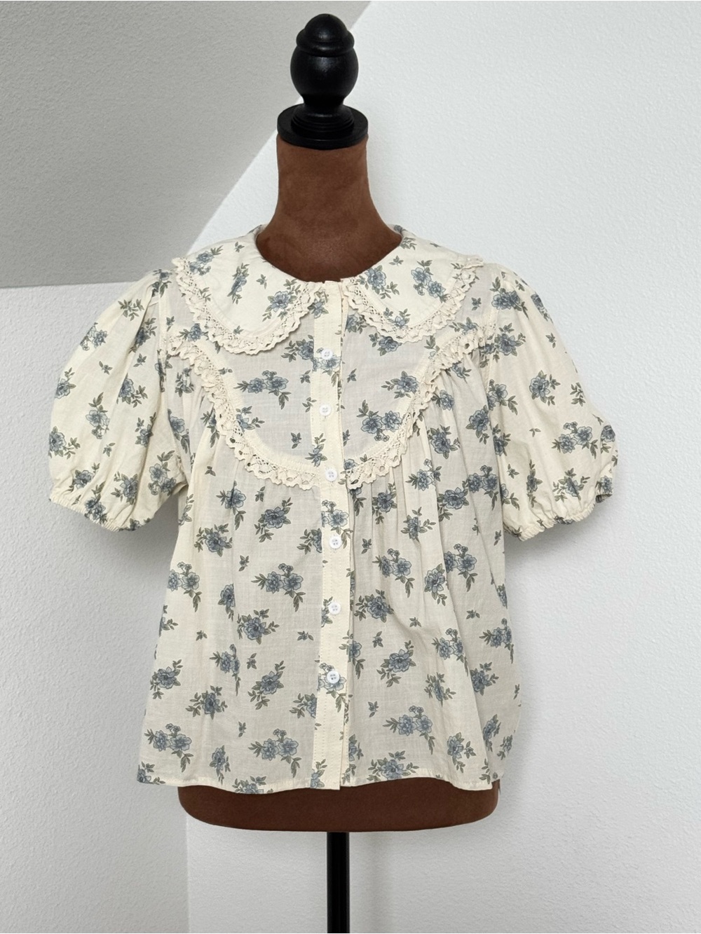 So Me Cream Blouse with Blue Floral Print